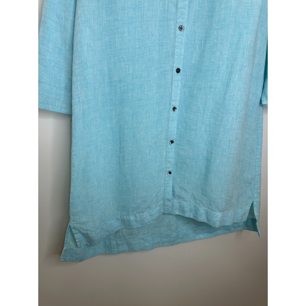 Poetry Linen Button Front Tunic Top V-Neck 3/4 Sleeve Blue Lagonlook Coastal - Picture 6 of 12